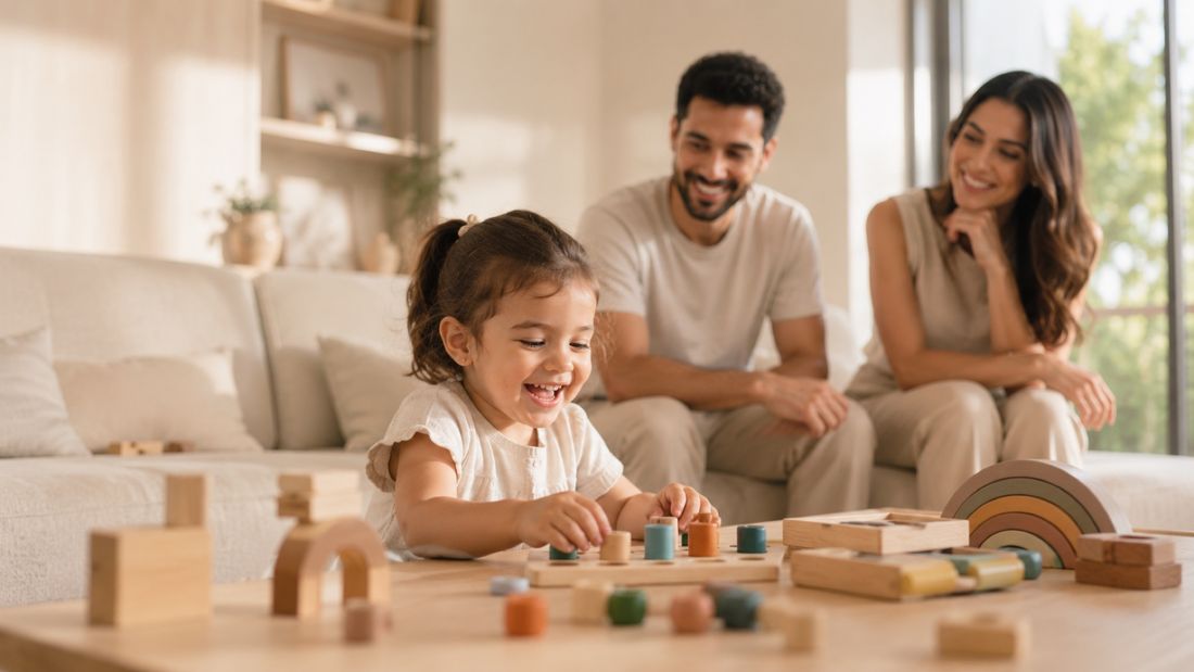 Família em casa, criança se desenvolvendo bem, brincando com brinquedos montessorianos